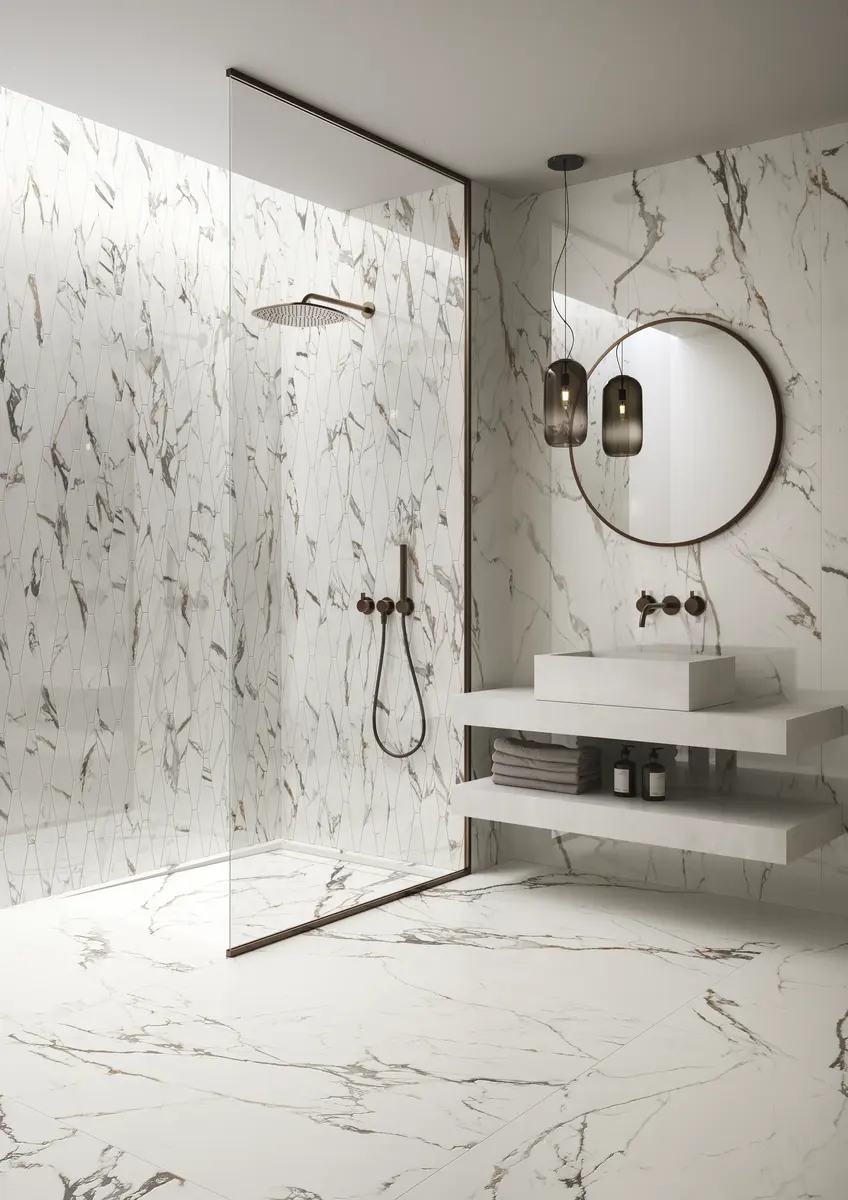 Marmora von Casalgrande Padana, Raumbild Lunense + Mosaico Losanga Lux